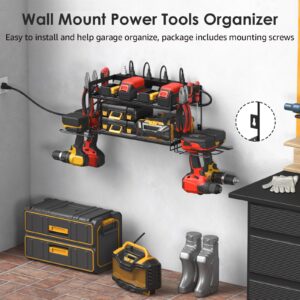 CCCEI Garage Tools Storage with Charging Station. Power Tool Battery Organizer Utility Shelf with Power Strip. 4 Drills Holder Wall Mount Rack, Black.