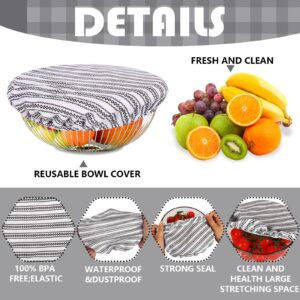 Whaline 10Pcs Bowl Covers Reusable In 5 Size Stretch Cloth Fabric Dish Cover Farmhouse Plaid Gray Ticking Stripe Lids for Food Fruits Leftover Storage