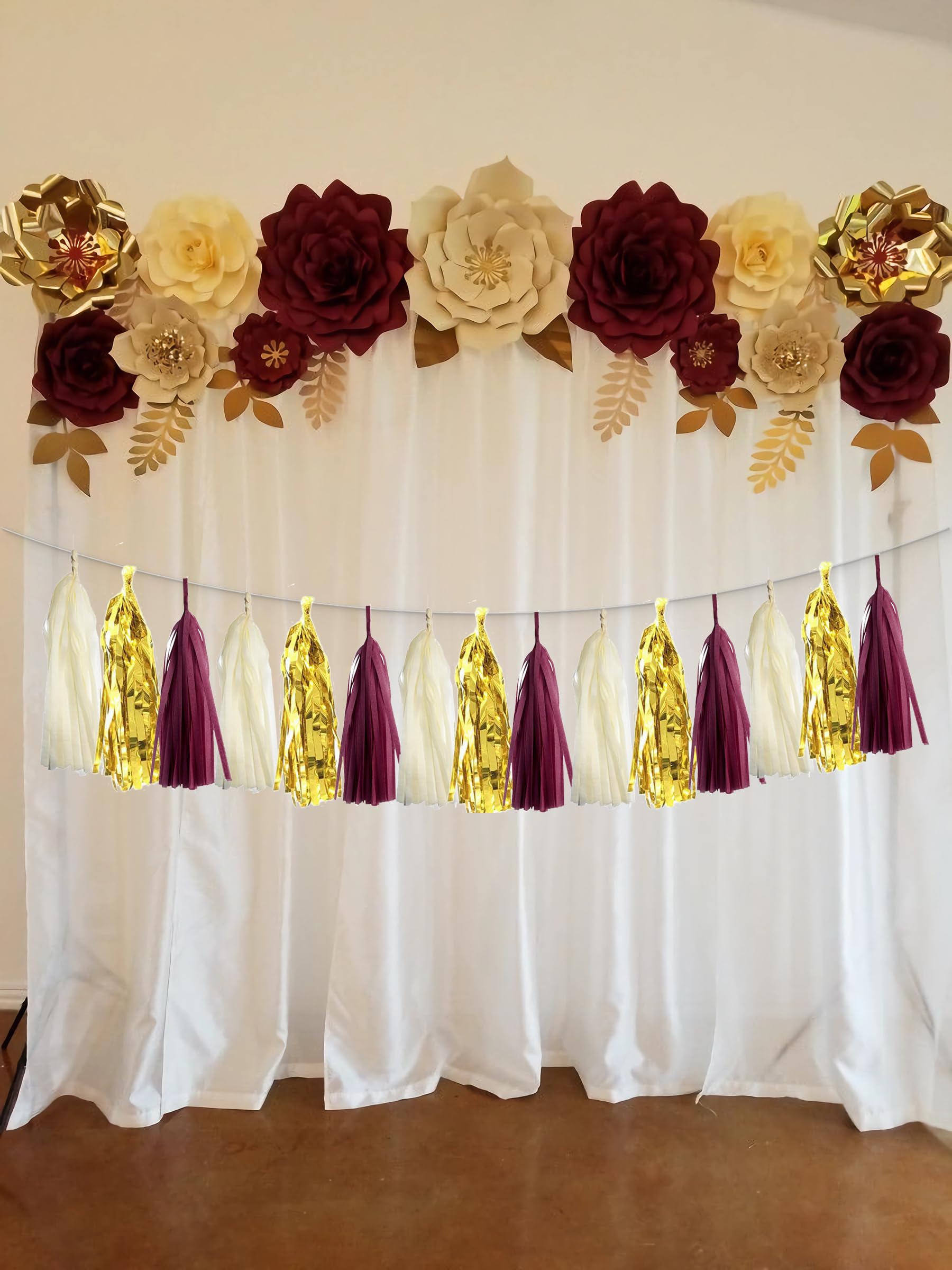 15PCS Burgundy Maroon Gold Beige Party Tissue Tassel Garland Hanging Banner Streamers Graduation Fall Bridal Baby Shower Wedding Birthday Nursery Classroom Décor