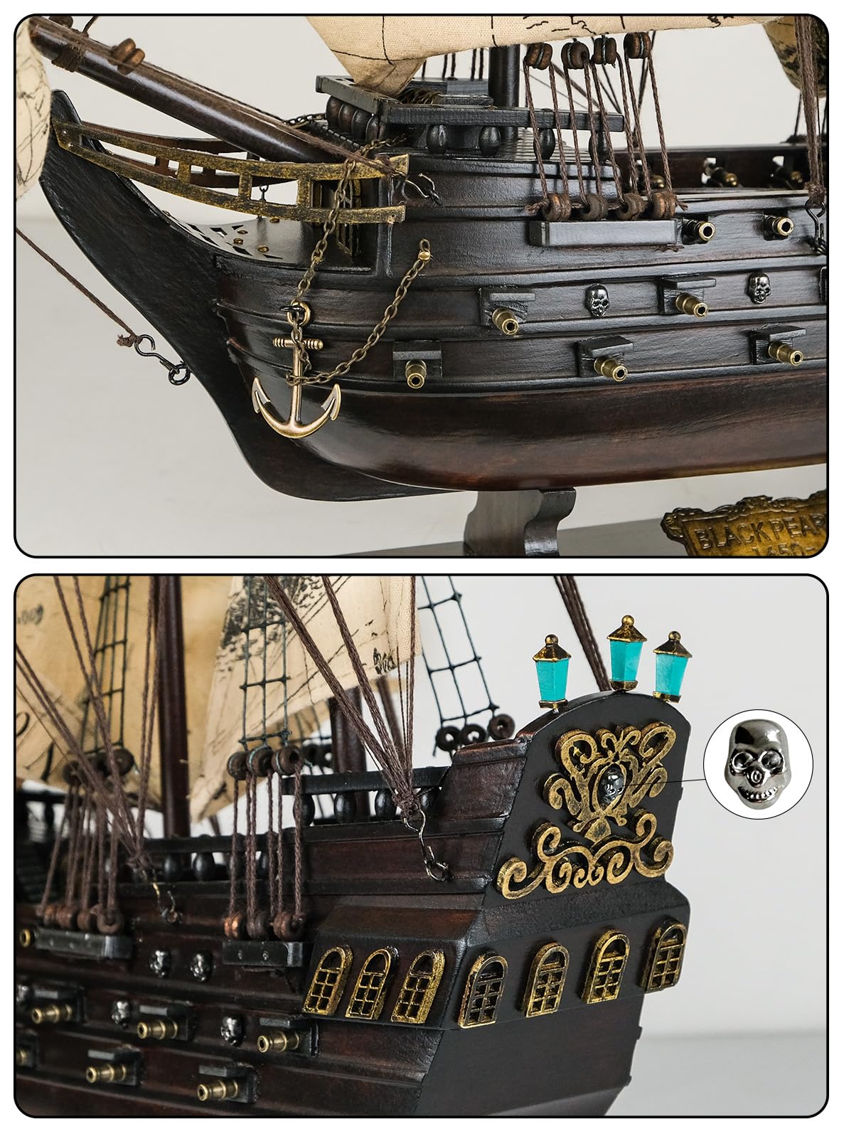 SAILINGSTORY Wooden Pirate Ship Model Black Pearl Model Ship Sailboat Decor Sea Chart Sails 20.5"