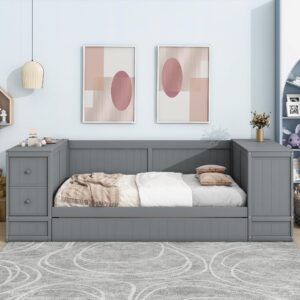 BestLM Wood Twin Size Daybed with Trundle, Sofa Bed with Storage Arms, Drawers and Charging Station for Kids Teens Boys Girls, No Box Spring Needed, Gray