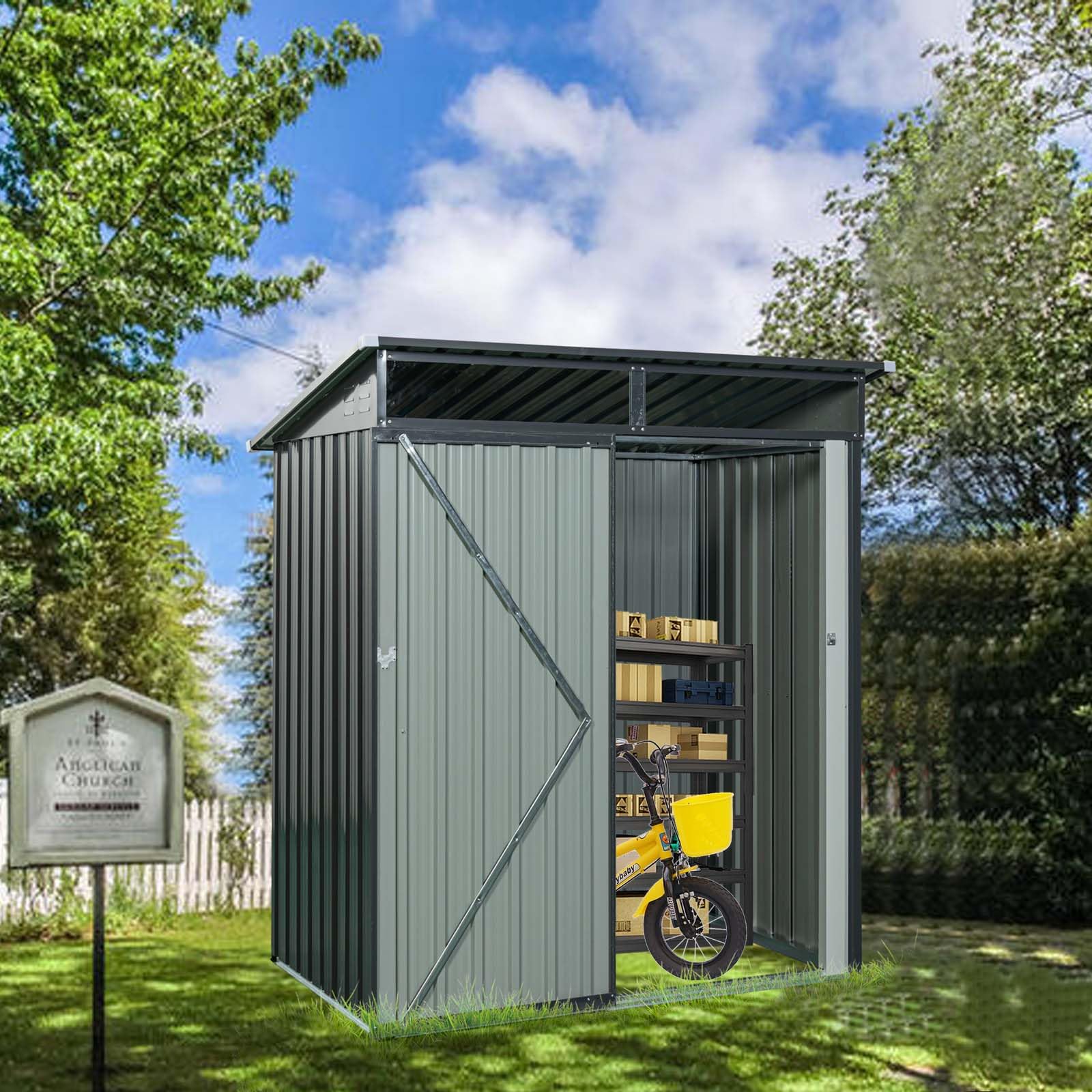 5Ft x 3Ft Outdoor Metal Storage Garden Shed with Lockable Door & Vents, Waterproof Anti-Corrosion Tool Storage Cabinet Clearance, Outside Vertical Tall Tool Shed for Backyard Patio Lawn (Gray)