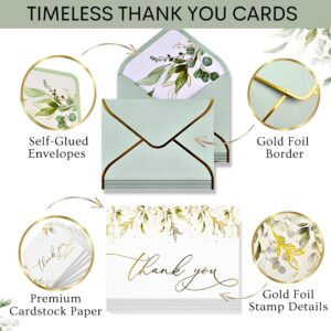 REGAL DECORATIONS Luxury 100 Pack Thank You Cards with Envelopes Bulk, Sage Green And Gold Foil Stamped -5x3.5 Inches. Ideal For Wedding, Blank Thank You Notes, Baby Shower Thank You Cards, Bridal Shower, Small Business, Graduation, Kids, Sympathy