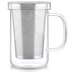 teabloom premium borosilicate glass mug with stainless steel loose leaf tea infuser and lid/dish - 12 ounces (350 ml)