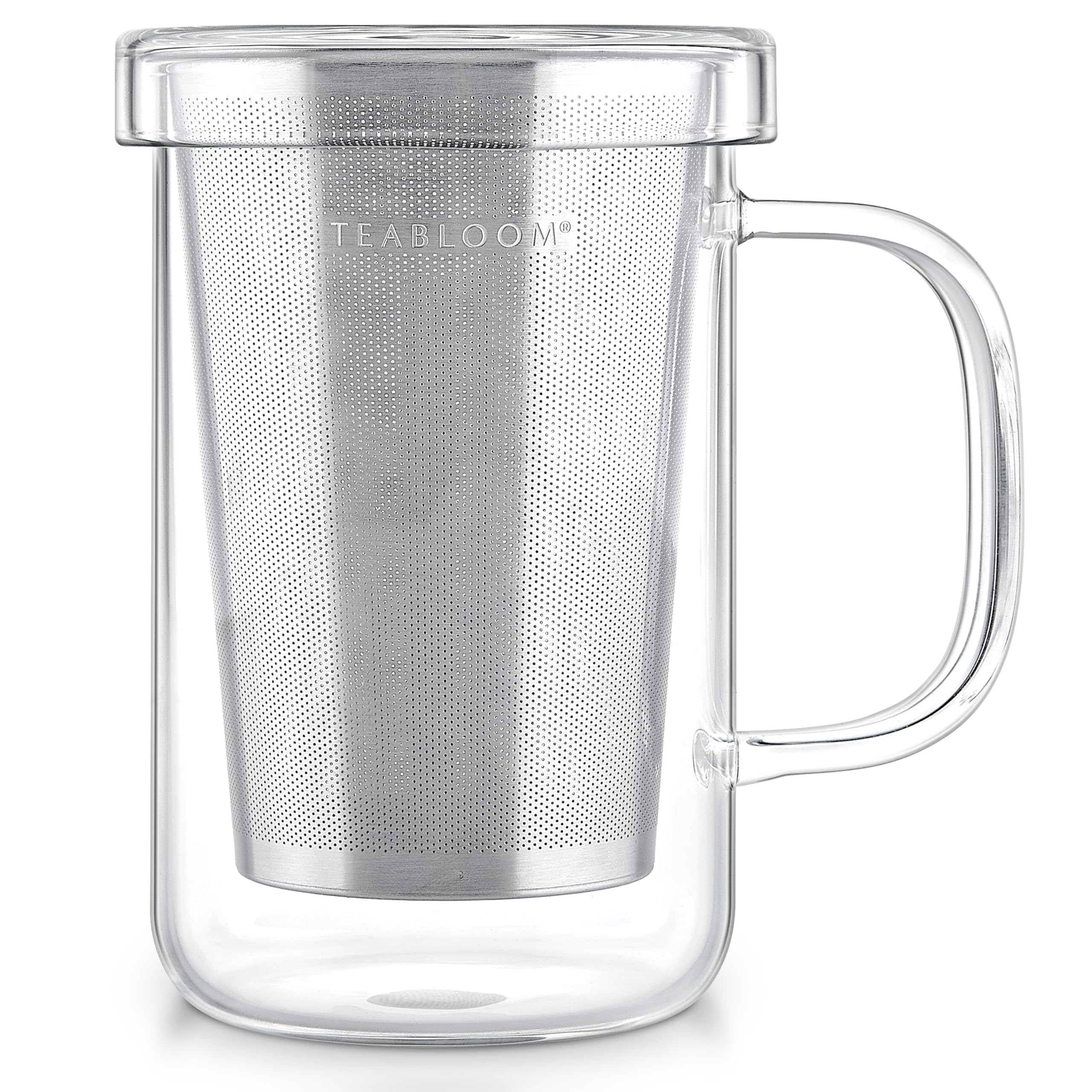 Teabloom Premium Borosilicate Glass Mug with Stainless Steel Loose Leaf Tea Infuser and Lid/Dish - 12 Ounces (350 mL)