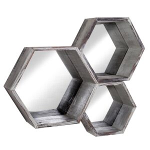 MyGift Wall Mounted Floating Shelves, Solid Torched Wood Hexagon Display Shelf Wall Decor with Mirrored Backing, 3 Piece Set