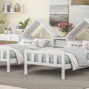 Flieks Double Twin Size Platform Bed with House-Shaped Headboard and a Built-in Nightstand, White