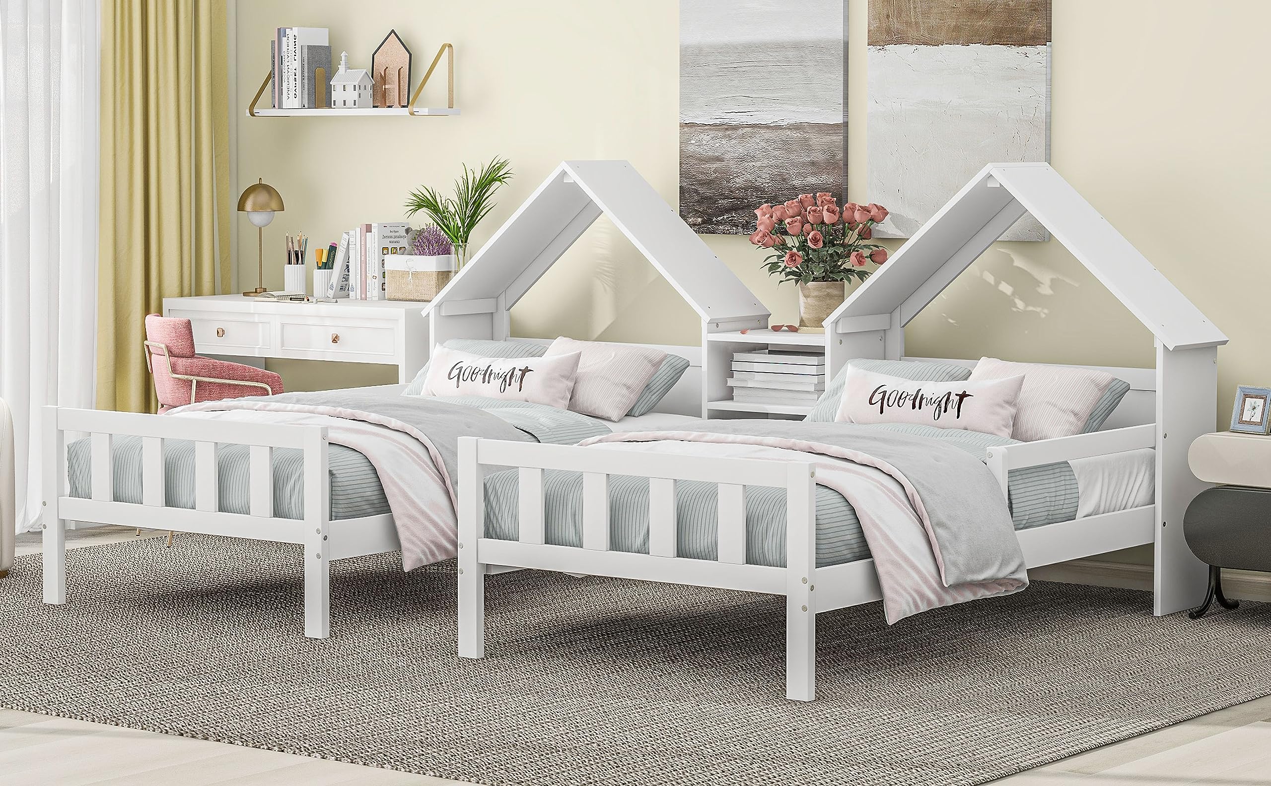 Flieks Double Twin Size Platform Bed with House-Shaped Headboard and a Built-in Nightstand, White