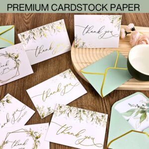 REGAL DECORATIONS Luxury 100 Pack Thank You Cards with Envelopes Bulk, Sage Green And Gold Foil Stamped -5x3.5 Inches. Ideal For Wedding, Blank Thank You Notes, Baby Shower Thank You Cards, Bridal Shower, Small Business, Graduation, Kids, Sympathy