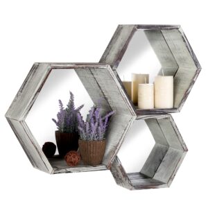 mygift wall mounted floating shelves, solid torched wood hexagon display shelf wall decor with mirrored backing, 3 piece set