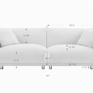 YUNLife Mid Century Modular Sectional, Tufted Fabric Upholstered Accent 3 Seaters Minimalist Loveseat Sofá Futon Couch with with 2 Throw Pillows and Metal Legs, Beige Teddy 87" w