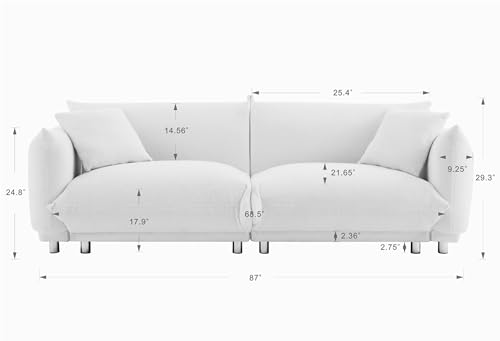 YUNLife Mid Century Modular Sectional, Tufted Fabric Upholstered Accent 3 Seaters Minimalist Loveseat Sofá Futon Couch with with 2 Throw Pillows and Metal Legs, Beige Teddy 87" w