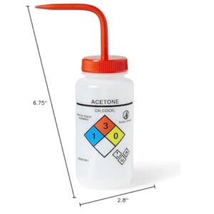 United Scientific™ UniSafe™ Wash Bottle for Acetone, 500mL - Labeled with Color Coded Chemical & Safety Information (4 Colors) - Wide Mouth, Self Venting, Low Density Polyethylene