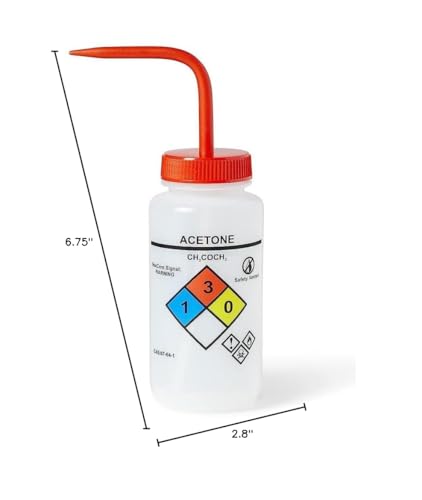 United Scientific™ UniSafe™ Wash Bottle for Acetone, 500mL - Labeled with Color Coded Chemical & Safety Information (4 Colors) - Wide Mouth, Self Venting, Low Density Polyethylene