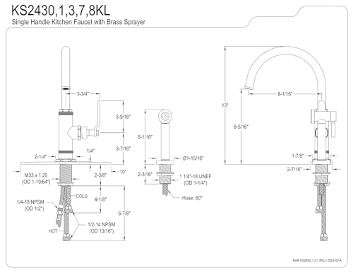 Kingston Brass KS2438KL Whitaker Single-Handle Kitchen Faucet with Brass Sprayer, Brushed Nickel