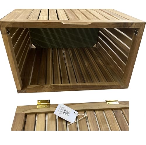 Genuine Teak Wood Spa Style Full Size Hamper, Top Load Double Hinged Lid, Slat Panel Woodgrain Finish, 19.75 Inch Width x 11 inch Depth x 26 Inch Tall