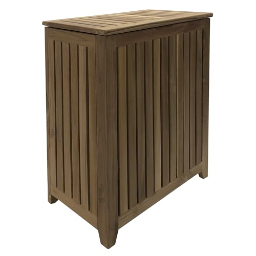 Genuine Teak Wood Spa Style Full Size Hamper, Top Load Double Hinged Lid, Slat Panel Woodgrain Finish, 19.75 Inch Width x 11 inch Depth x 26 Inch Tall