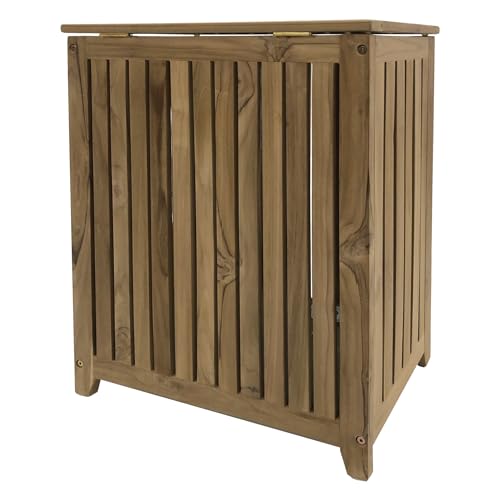 Genuine Teak Wood Spa Style Full Size Hamper, Top Load Double Hinged Lid, Slat Panel Woodgrain Finish, 19.75 Inch Width x 11 inch Depth x 26 Inch Tall