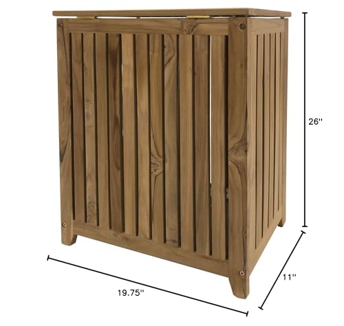 Genuine Teak Wood Spa Style Full Size Hamper, Top Load Double Hinged Lid, Slat Panel Woodgrain Finish, 19.75 Inch Width x 11 inch Depth x 26 Inch Tall