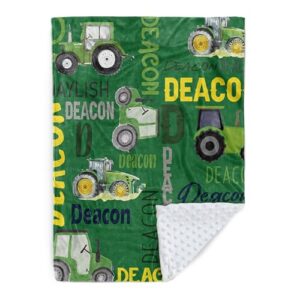 custom tractors blanket - farm tractor trucks design with personalized names - soft plush flannel throw blanket with double layer dotted backing for baby kids teen boys girls gifts green