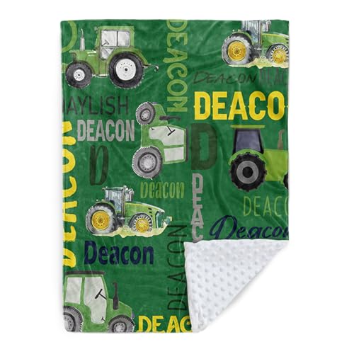 Custom Tractors Blanket - Farm Tractor Trucks Design with Personalized Names - Soft Plush Flannel Throw Blanket with Double Layer Dotted Backing for Baby Kids Teen Boys Girls Gifts Green