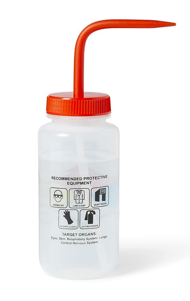 United Scientific™ UniSafe™ Wash Bottle for Acetone, 500mL - Labeled with Color Coded Chemical & Safety Information (4 Colors) - Wide Mouth, Self Venting, Low Density Polyethylene