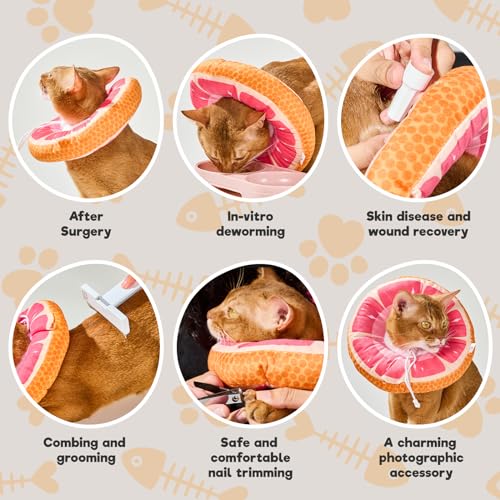 Cat Cone, Adjustable Cat Recovery Collar, Extra Soft Cat E Collar with Drawstrings, Prevent Licking and Scratching (Grapefruit, Medium)