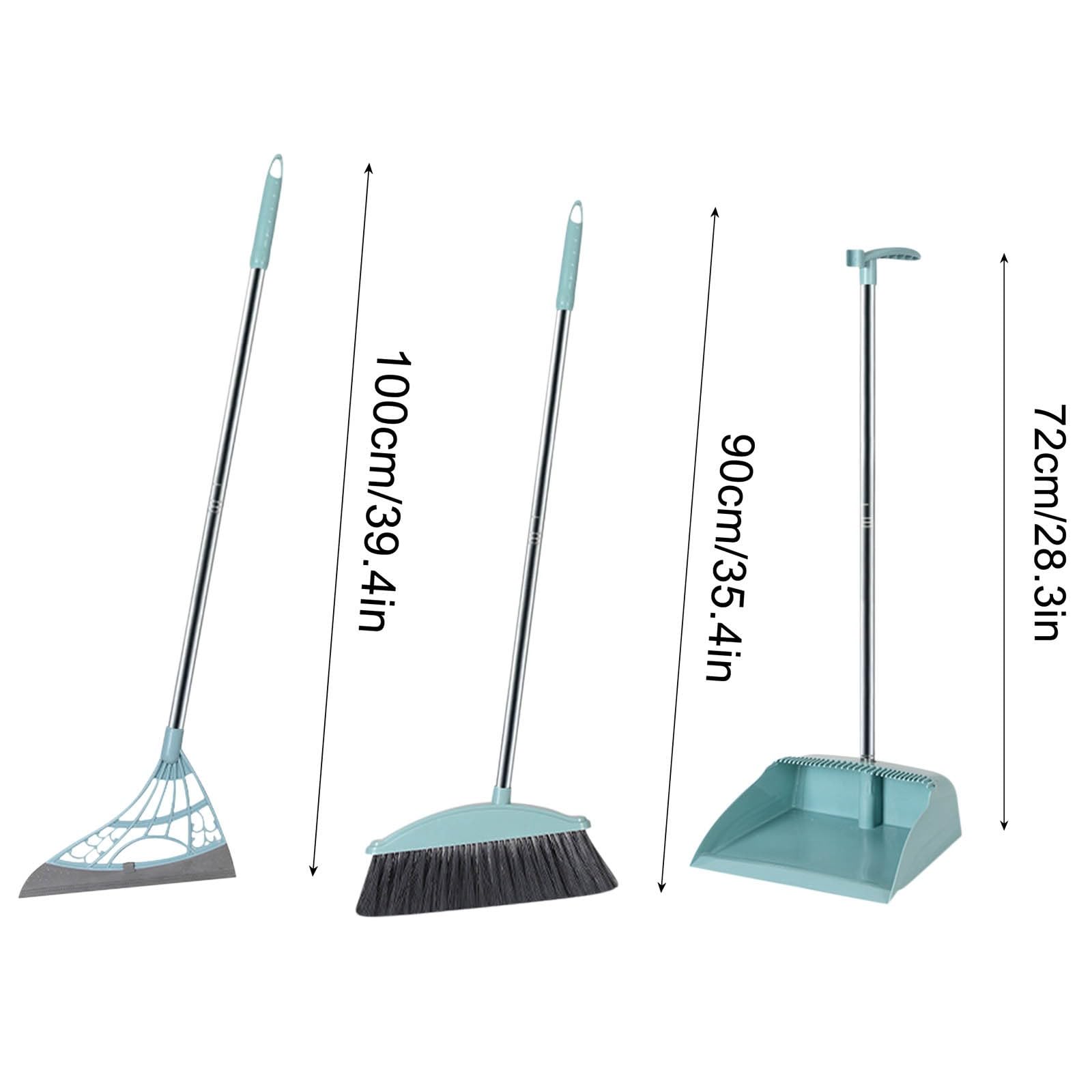 Long Handle Broom and Dustpan Set with 39.5" Squeegee Broom, Upright Standing Lobby Broom and Dust Pan and Rubber Broom, Indoor Broom with Dustpan Set for Home Kitchen Room Office Floor