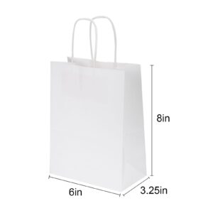 Joybe 300 Pack 6x3.25x8 Inch Small White Paper Bags with Handles Bulk, Kraft Paper Gift Bags for Birthday Party Favors Grocery Retail Shopping Business Goody Merchandise Craft Blank Sacks (300pcs)