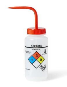 united scientific™ unisafe™ wash bottle for acetone, 500ml - labeled with color coded chemical & safety information (4 colors) - wide mouth, self venting, low density polyethylene