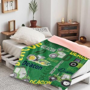 Custom Tractors Blanket - Farm Tractor Trucks Design with Personalized Names - Soft Plush Flannel Throw Blanket with Double Layer Dotted Backing for Baby Kids Teen Boys Girls Gifts Green