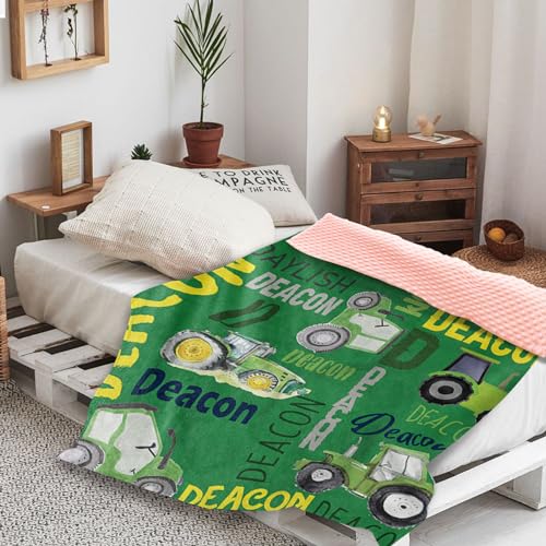 Custom Tractors Blanket - Farm Tractor Trucks Design with Personalized Names - Soft Plush Flannel Throw Blanket with Double Layer Dotted Backing for Baby Kids Teen Boys Girls Gifts Green