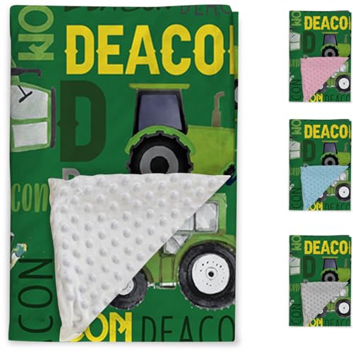 Custom Tractors Blanket - Farm Tractor Trucks Design with Personalized Names - Soft Plush Flannel Throw Blanket with Double Layer Dotted Backing for Baby Kids Teen Boys Girls Gifts Green