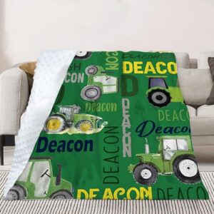 Custom Tractors Blanket - Farm Tractor Trucks Design with Personalized Names - Soft Plush Flannel Throw Blanket with Double Layer Dotted Backing for Baby Kids Teen Boys Girls Gifts Green