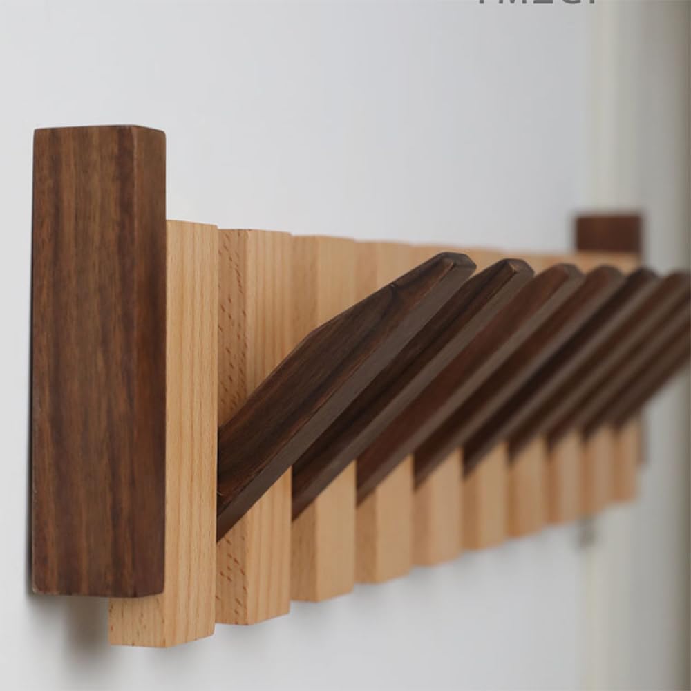 Monivi Solid Wood Piano Key Coat Rack, Wall-Mounted Coat Hooks Rack with 4/6/8 Flip-Down Hooks, Beech & Black Walnut Rack, for Entryway, Living Room, Bedroom (6 Hooks(44x15x3.5cm))