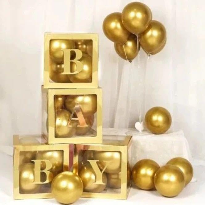 Balloon Boxes with Letters, ADOINBY Gold Baby Boxes Letter Blocks Boxes with 54 Letters, 6 Baby Balloon Box for Baby Showers & Bridal Shower, Reusable Birthday Party Decoration Boxes with 55 Balloons