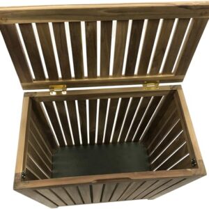 Genuine Teak Wood Spa Style Full Size Hamper, Top Load Double Hinged Lid, Slat Panel Woodgrain Finish, 19.75 Inch Width x 11 inch Depth x 26 Inch Tall