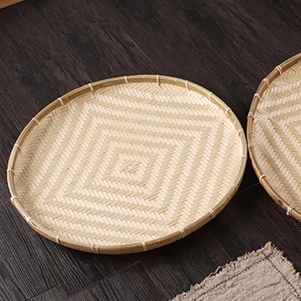 BESTonZON Handmade Bamboo Woven Basket Tray No Hole Bamboo Sieve Basket Wicker Basket for Vegetables Round Flat Shallow Basket Wall Art Ornament for Farmhouse Decor