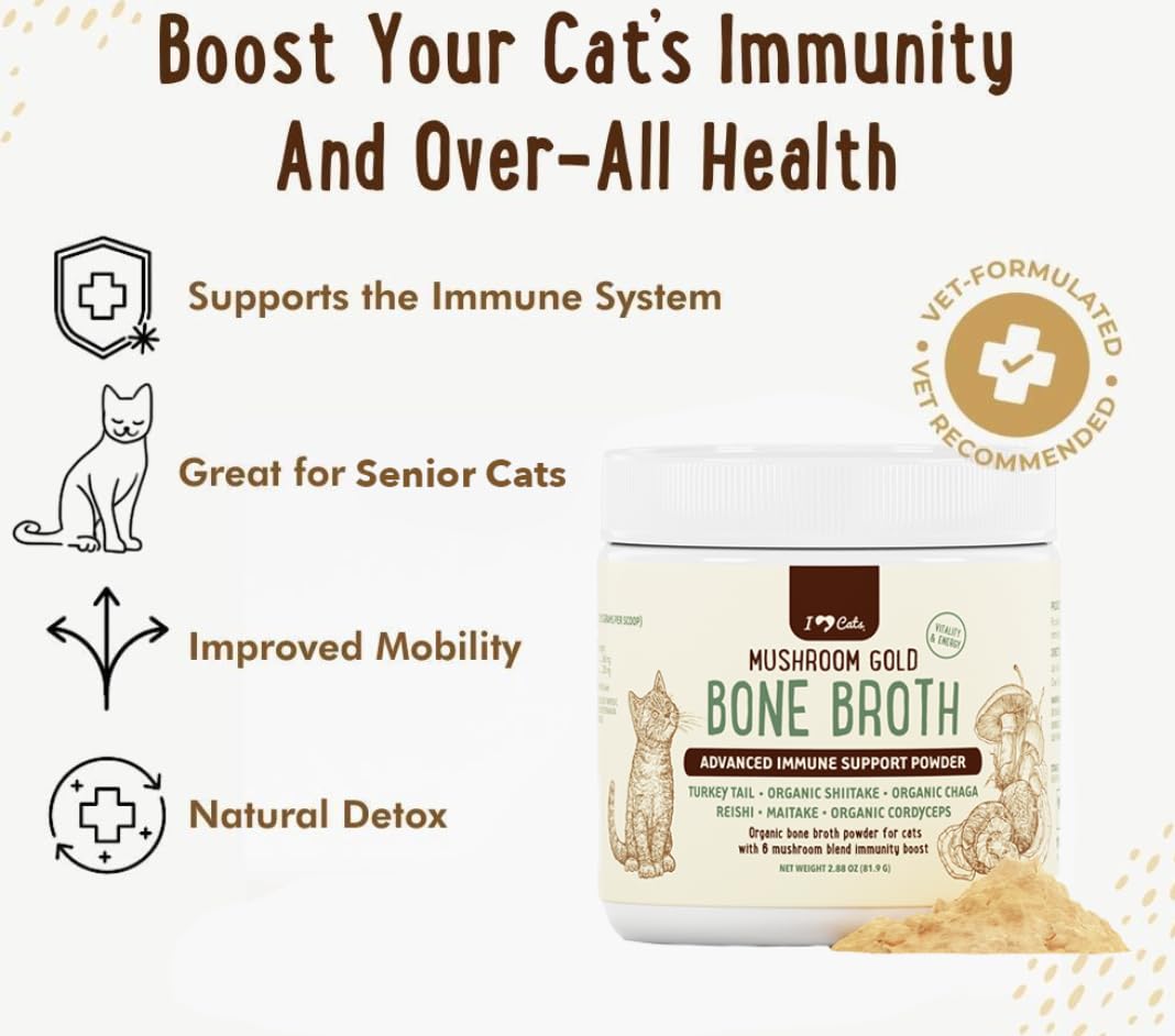 iHeartCats Bone Broth for Cats - Bone Broth & Mushroom Gold Powder Supplement for Immune System Support, Improved Mobility & Flexibility and Natural Detox - Turkey Tail Mushroom for Cats