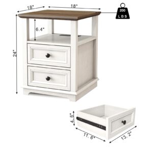 REDAYFUR 24” Tall Nightstand with Charging Station Set of 2, Fast Charge End Table Set of 2, Large 18” Bedside Table with Drawers, Storage Cabinet with Open Shelf for Bedroom, White