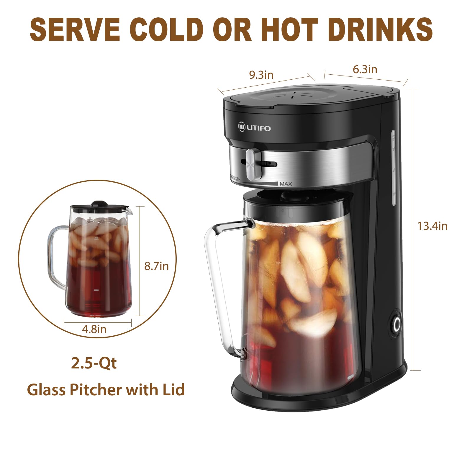 LITIFO Iced Tea Maker and Iced Coffee Maker Brewing System with 2.5-quart Pitcher, sliding strength selector for Taste Customization, Stainless Steel (Black 2.0)