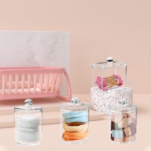 4 Pack Qtip Holder Dispenser, Swab Organizer with Lids, Clear Plastic Apothecary Jar, Vanity Makeup Organizer and Storage, Bathroom Organizers and Storage for Cotton Ball, Cotton Swab, Pads, Floss