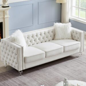 i-POOK 83" 3-Seater Chesterfield Sofa Couch, Tufted Upholstered Sofa with 2 Plush Pillows, Crystal Legs and Nailhead Trim Arms, Diamond Comfy Sofa for Living Room, Office, Guests Room, Beige