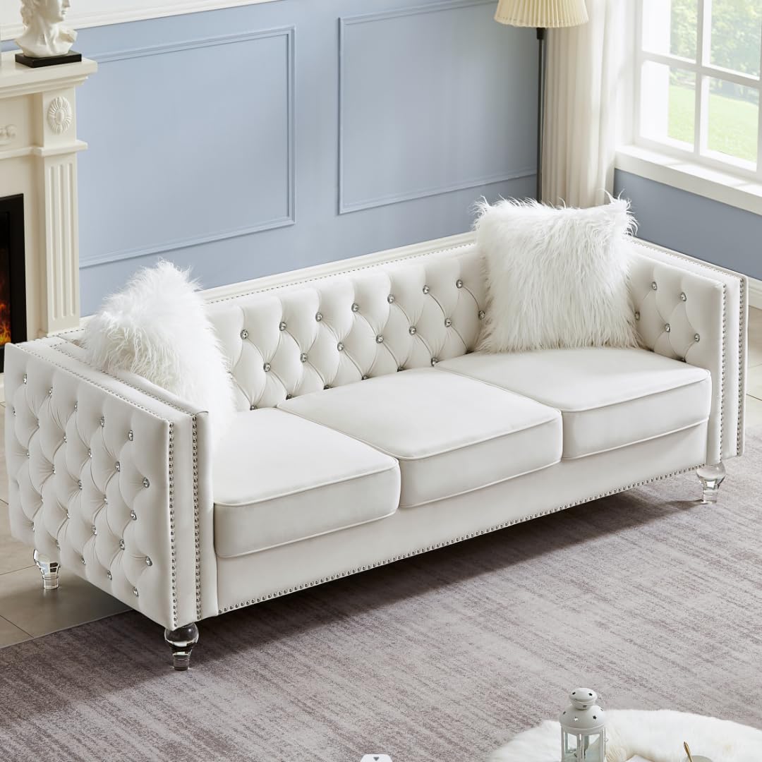 i-POOK 83" 3-Seater Chesterfield Sofa Couch, Tufted Upholstered Sofa with 2 Plush Pillows, Crystal Legs and Nailhead Trim Arms, Diamond Comfy Sofa for Living Room, Office, Guests Room, Beige