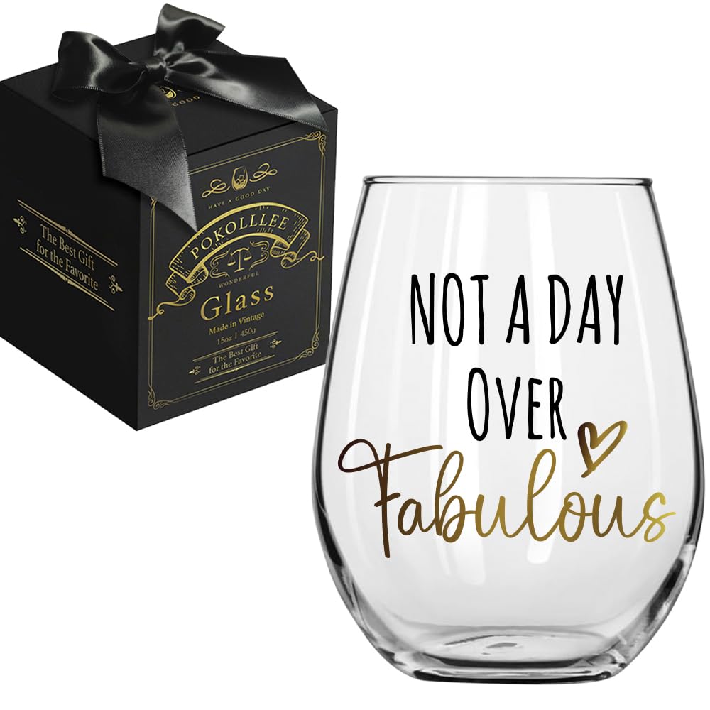 Pokolllee Not A Day Over Fabulous Wine Glass Birthday Gifts for Women, Happy Birthday Gift for Her, Funny Female Wine Glass Gifts for Mom Sister Friends, Christmas Gift for BFF Boss Coworkers Female