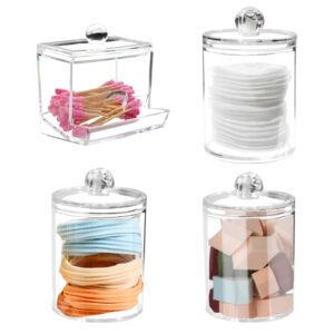 4 pack qtip holder dispenser, swab organizer with lids, clear plastic apothecary jar, vanity makeup organizer and storage, bathroom organizers and storage for cotton ball, cotton swab, pads, floss