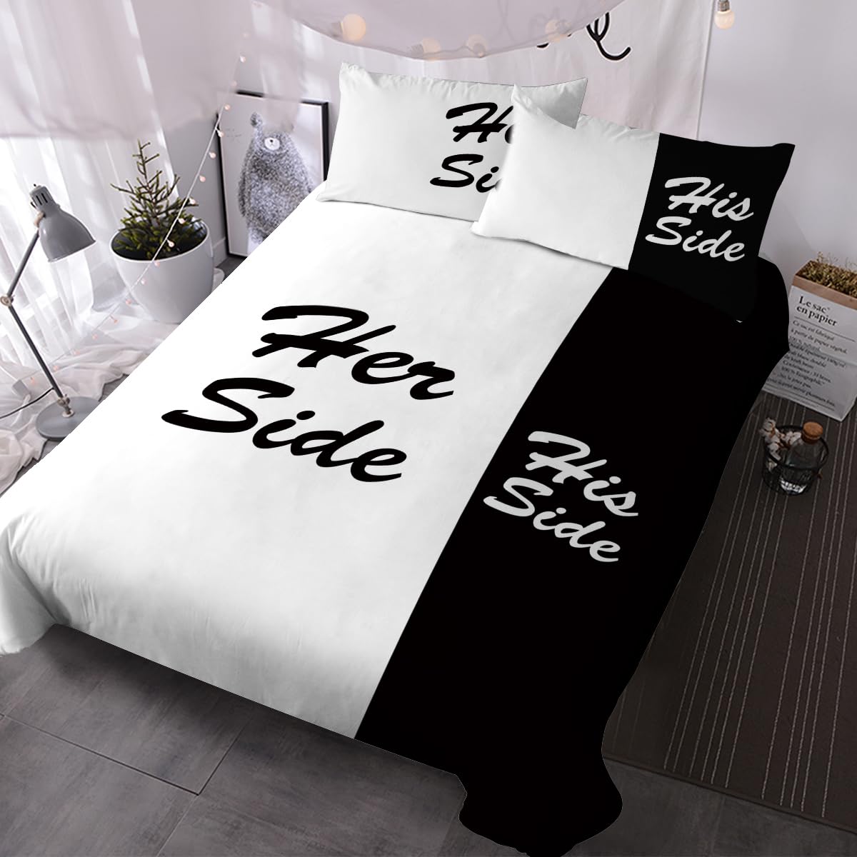 BlessLiving His Side & Her Side Bedroom Set Black and White Bedding Set Modern Couple Duvet Cover for Adults Women Men (King)