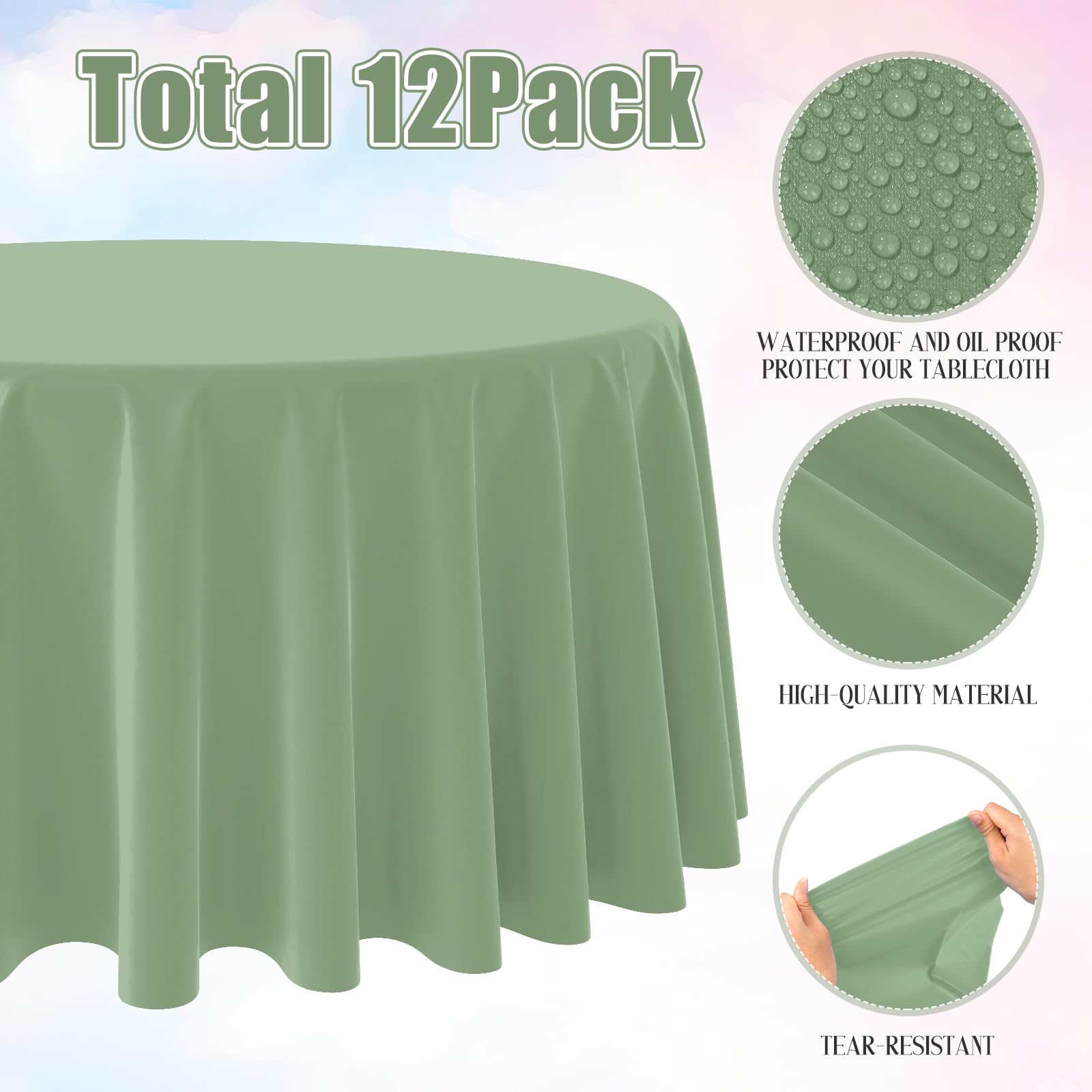 YIDAKO 12 Pack Sage Green Plastic Tablecloths Round Light Green Tablecloth Waterproof Disposable Round Sage Table Cover for Birthday Bridal Wedding Baby Shower Party Decorations,84Inch