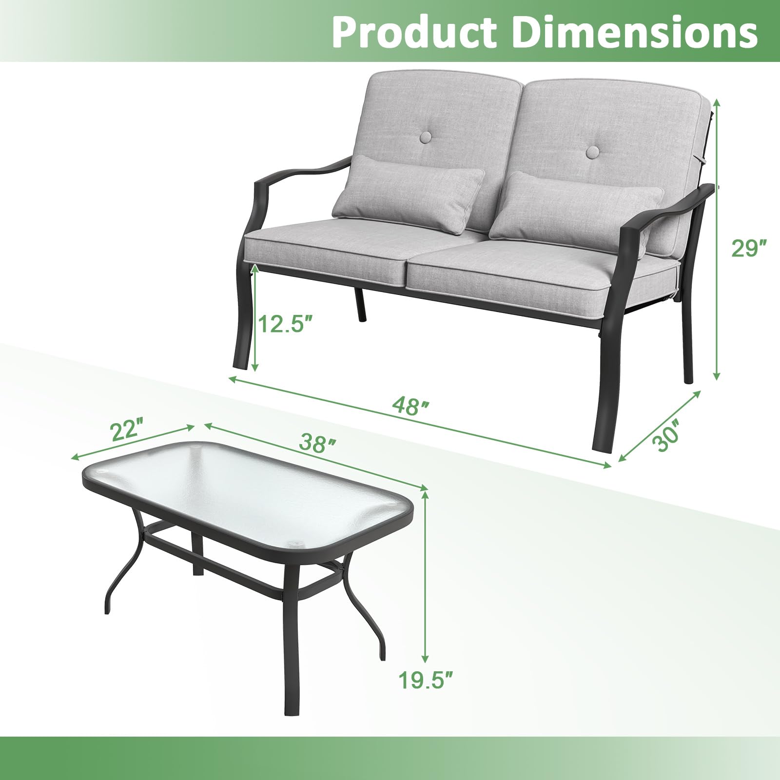 Tangkula 2 Piece Patio Furniture Set, Outdoor Loveseat Chair Set with Seat Back Cushions & Waist Pillows, Tempered Glass Coffee Table, Heavy-Duty Metal Sofa Set for Yard Garden Balcony Poolside (Gray)