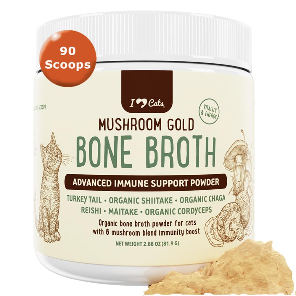 iHeartCats Bone Broth for Cats - Bone Broth & Mushroom Gold Powder Supplement for Immune System Support, Improved Mobility & Flexibility and Natural Detox - Turkey Tail Mushroom for Cats